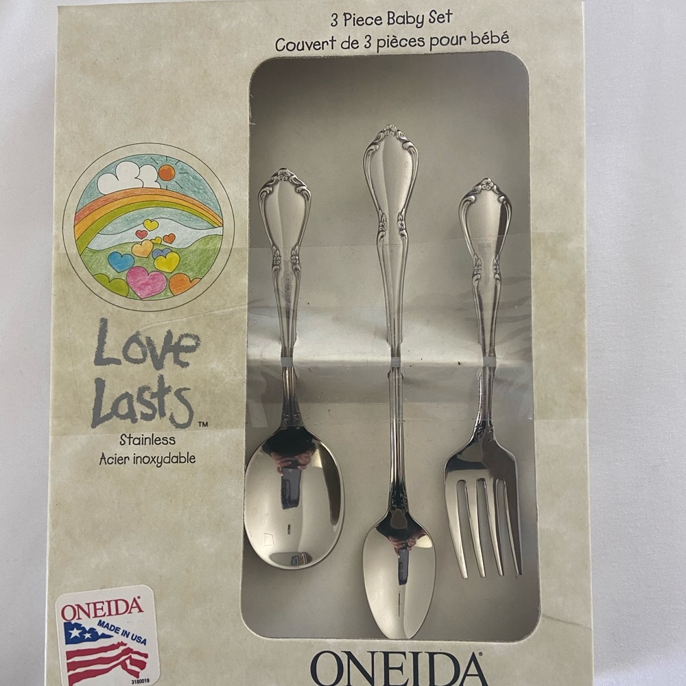 Oneida stainless 3 piece baby set. Never opened. Chateau style